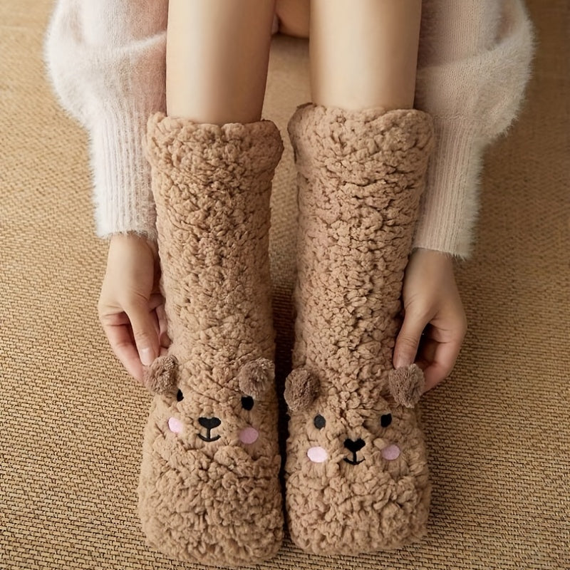 Cute Cartoon Bear Fuzzy Socks For Women, Comfortable Winter Soft Warm Slipper Socks