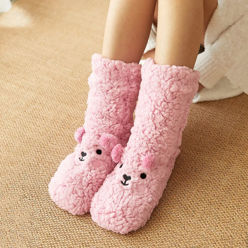 Cute Cartoon Bear Fuzzy Socks For Women, Comfortable Winter Soft Warm Slipper Socks