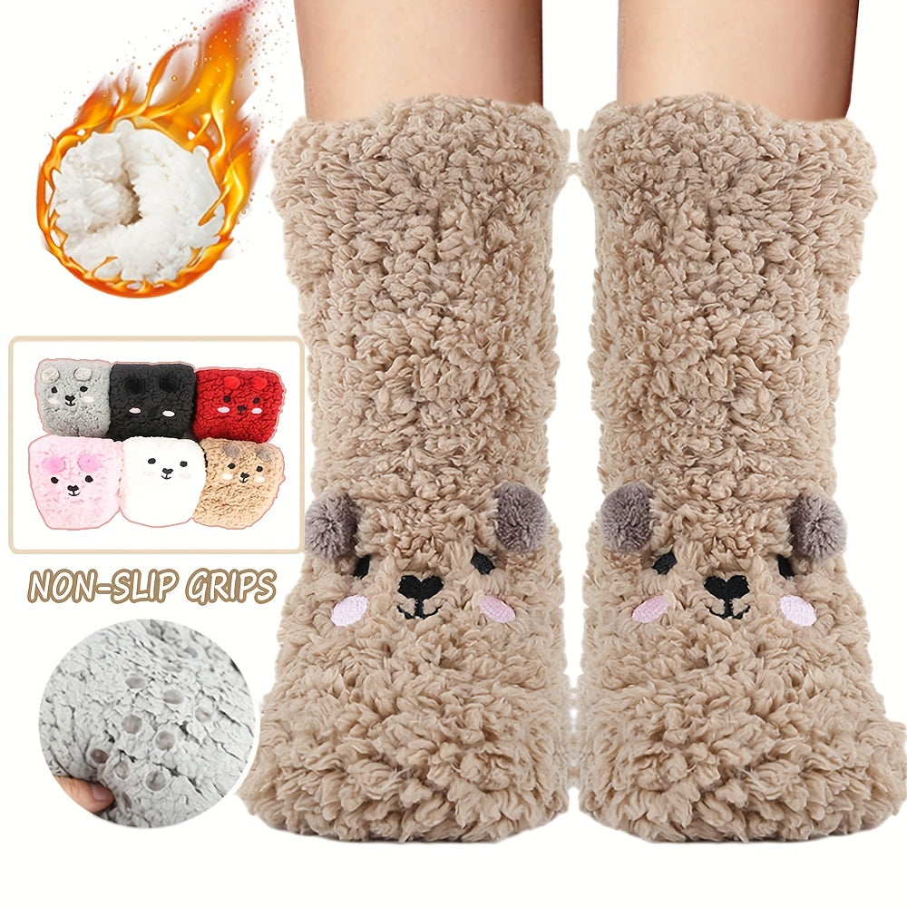 Cute Cartoon Bear Fuzzy Socks For Women, Comfortable Winter Soft Warm Slipper Socks