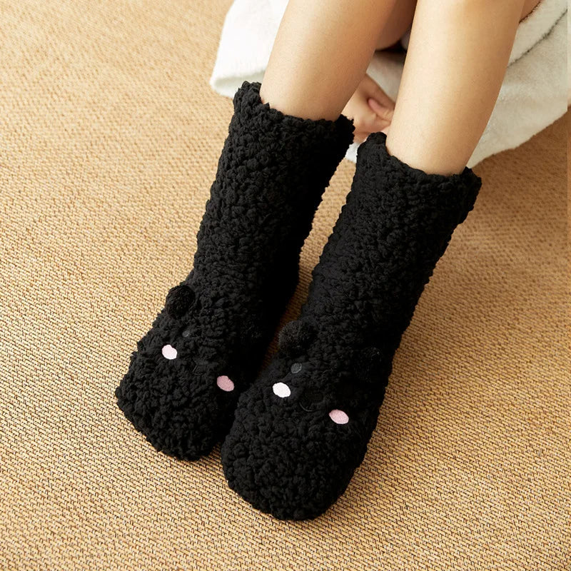 Cute Cartoon Bear Fuzzy Socks For Women, Comfortable Winter Soft Warm Slipper Socks