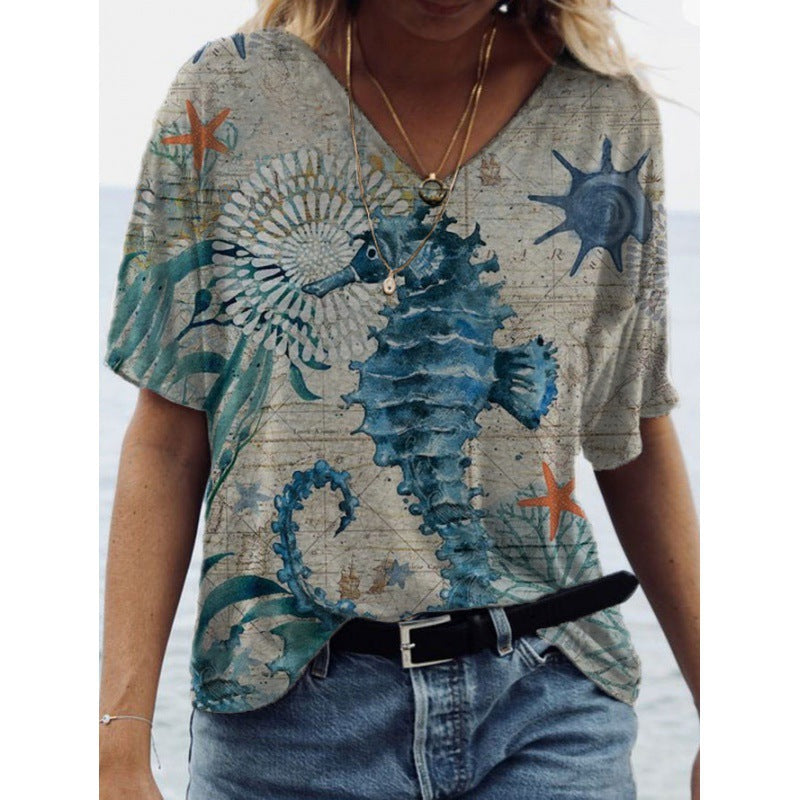 Women's Cotton-like Printed Short Sleeve