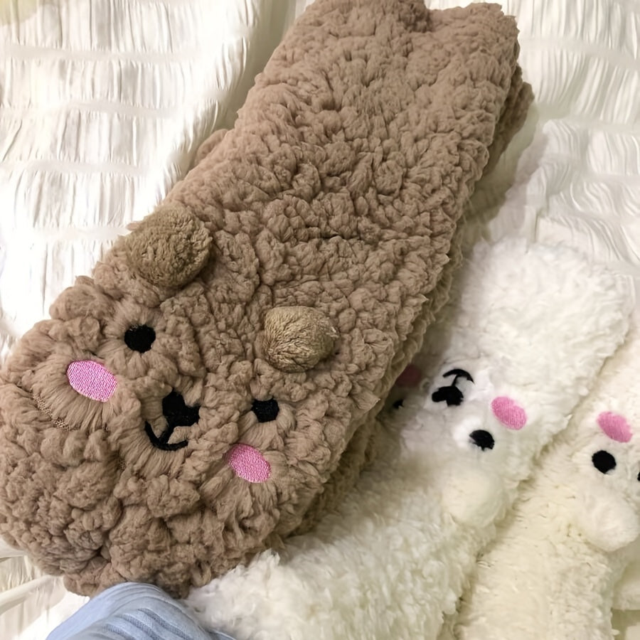 Cute Cartoon Bear Fuzzy Socks For Women, Comfortable Winter Soft Warm Slipper Socks