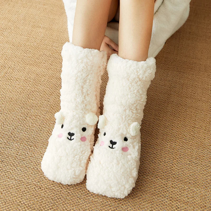 Cute Cartoon Bear Fuzzy Socks For Women, Comfortable Winter Soft Warm Slipper Socks