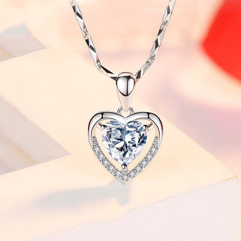 Silver 925 Heart-shaped Rhinestones Necklace Luxury, Personalized Necklace For Women