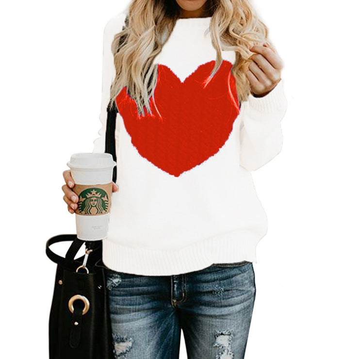 Love Printed Pullover Sweater For Women Solid Color