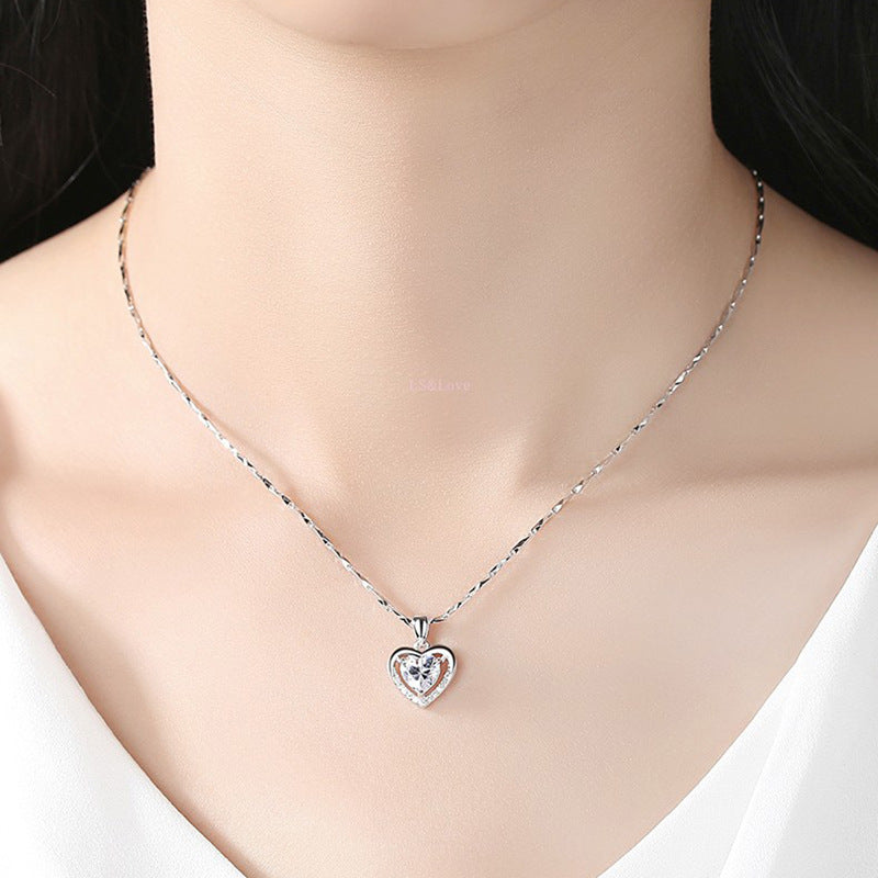 Silver 925 Heart-shaped Rhinestones Necklace Luxury, Personalized Necklace For Women