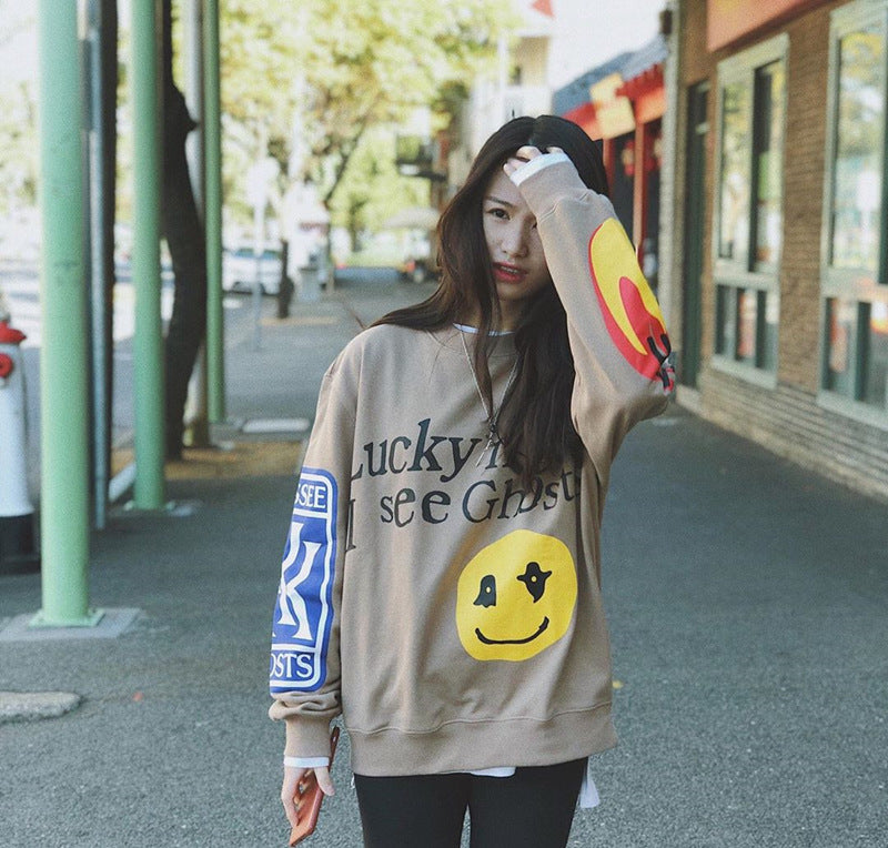 Smiley Face Foam Printing Crew Neck Sweater Men And Women Couples Tide