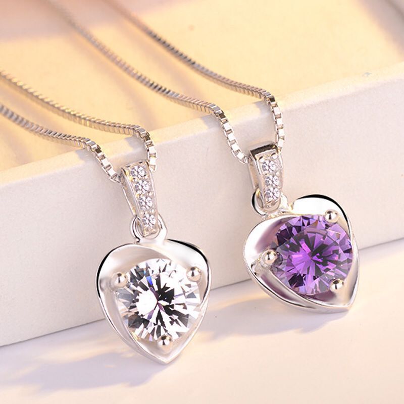 S925 Silver Necklace Women'S Heart-Shaped Crystal Pendant Decoration Sterling Silver Necklace Korean Clavicle Chain,