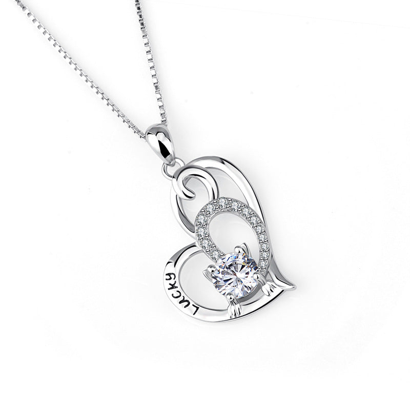 Cat heart-shaped luck necklace female s925 sterling silver