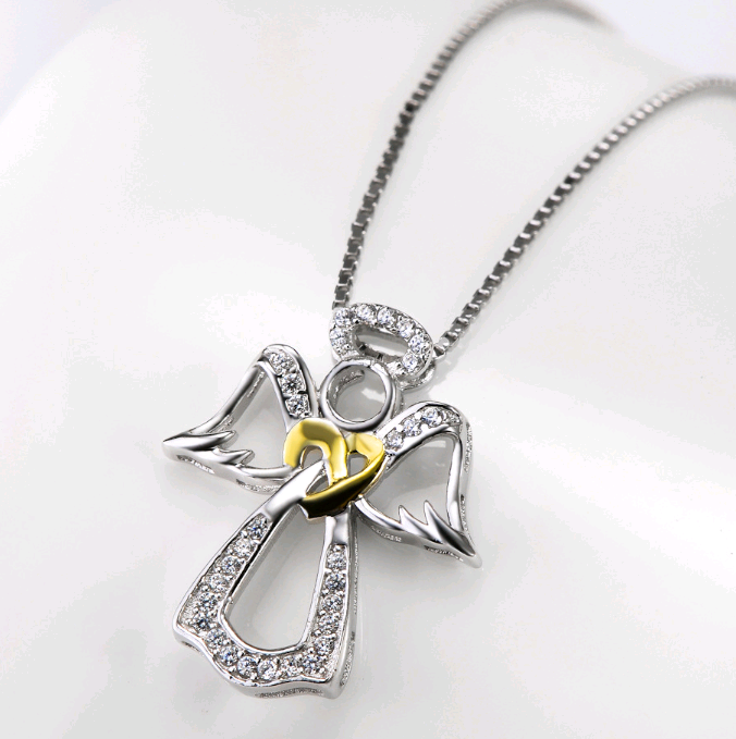 S925 sterling silver heart-shaped diamond-studded item Angel gold-plated pendant necklace