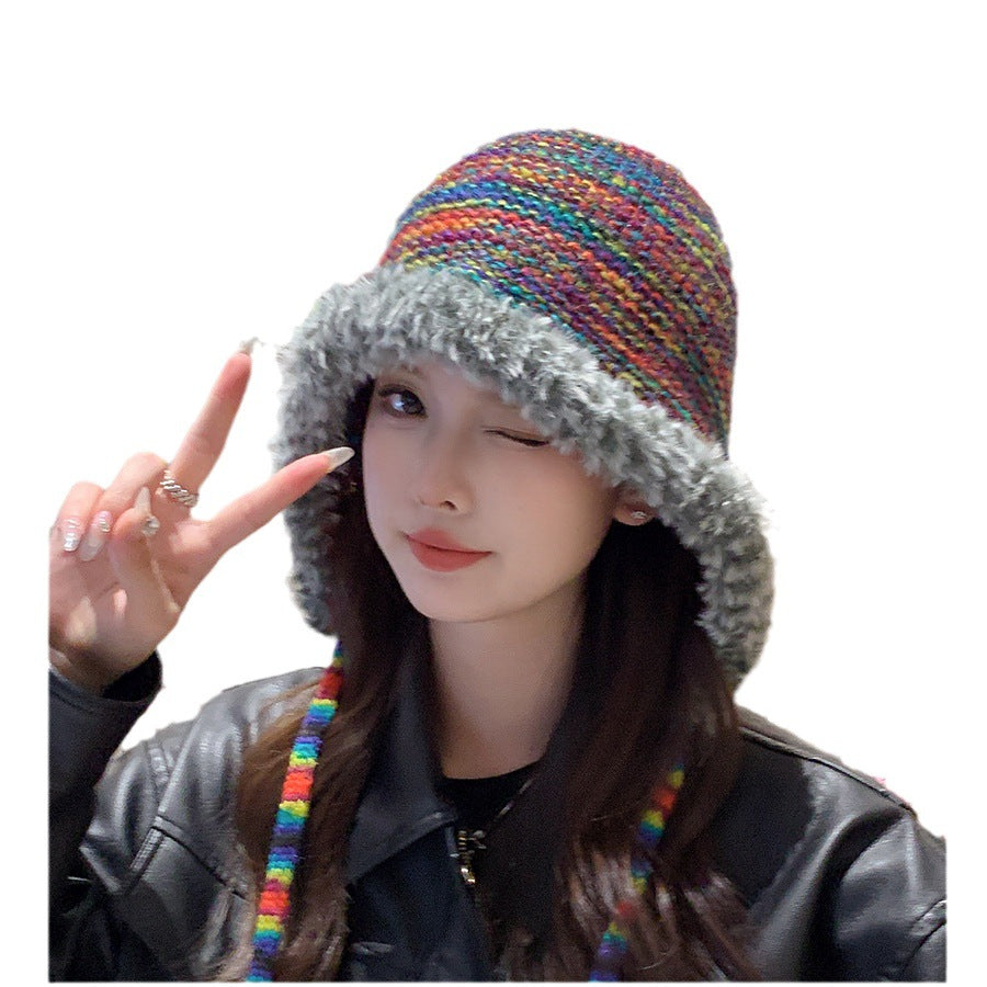 Rainbow Knitted Hat Plush Edge Strap