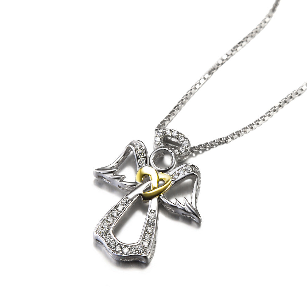 S925 sterling silver heart-shaped diamond-studded item Angel gold-plated pendant necklace