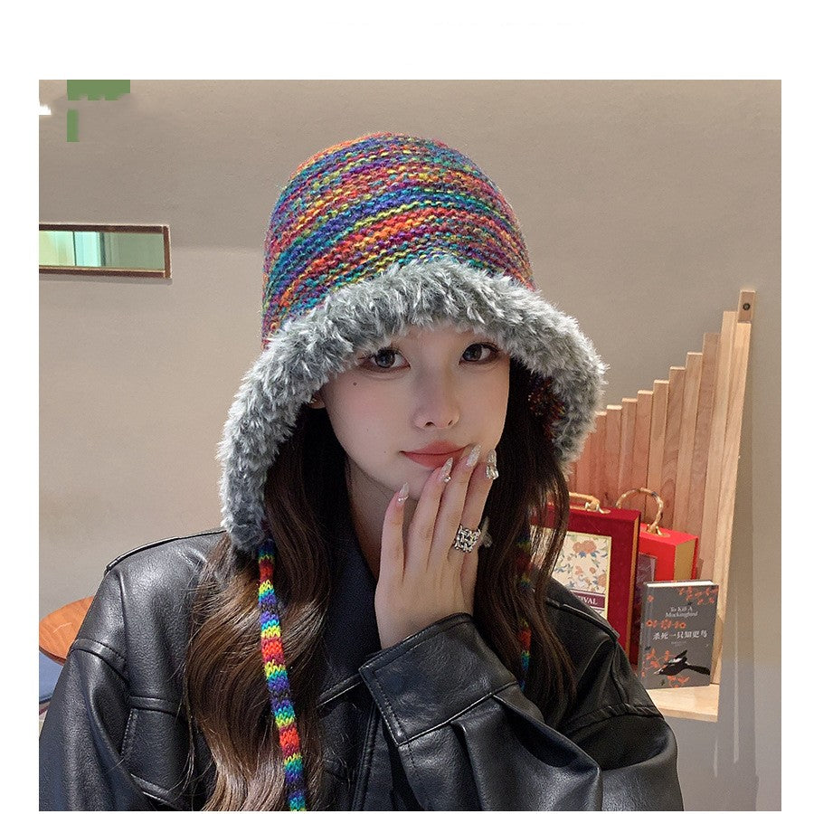 Rainbow Knitted Hat Plush Edge Strap