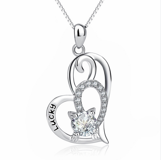 Cat heart-shaped luck necklace female s925 sterling silver