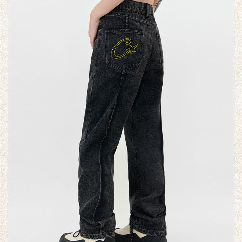 Street Washed Stitching Straight Jeans For Men And Women