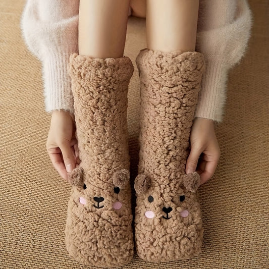 Cute Cartoon Bear Fuzzy Socks For Women, Comfortable Winter Soft Warm Slipper Socks