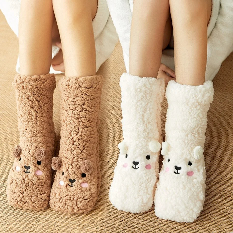 Cute Cartoon Bear Fuzzy Socks For Women, Comfortable Winter Soft Warm Slipper Socks