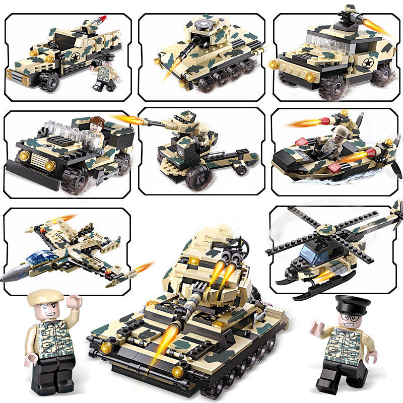 Military tank eight in one building block toy