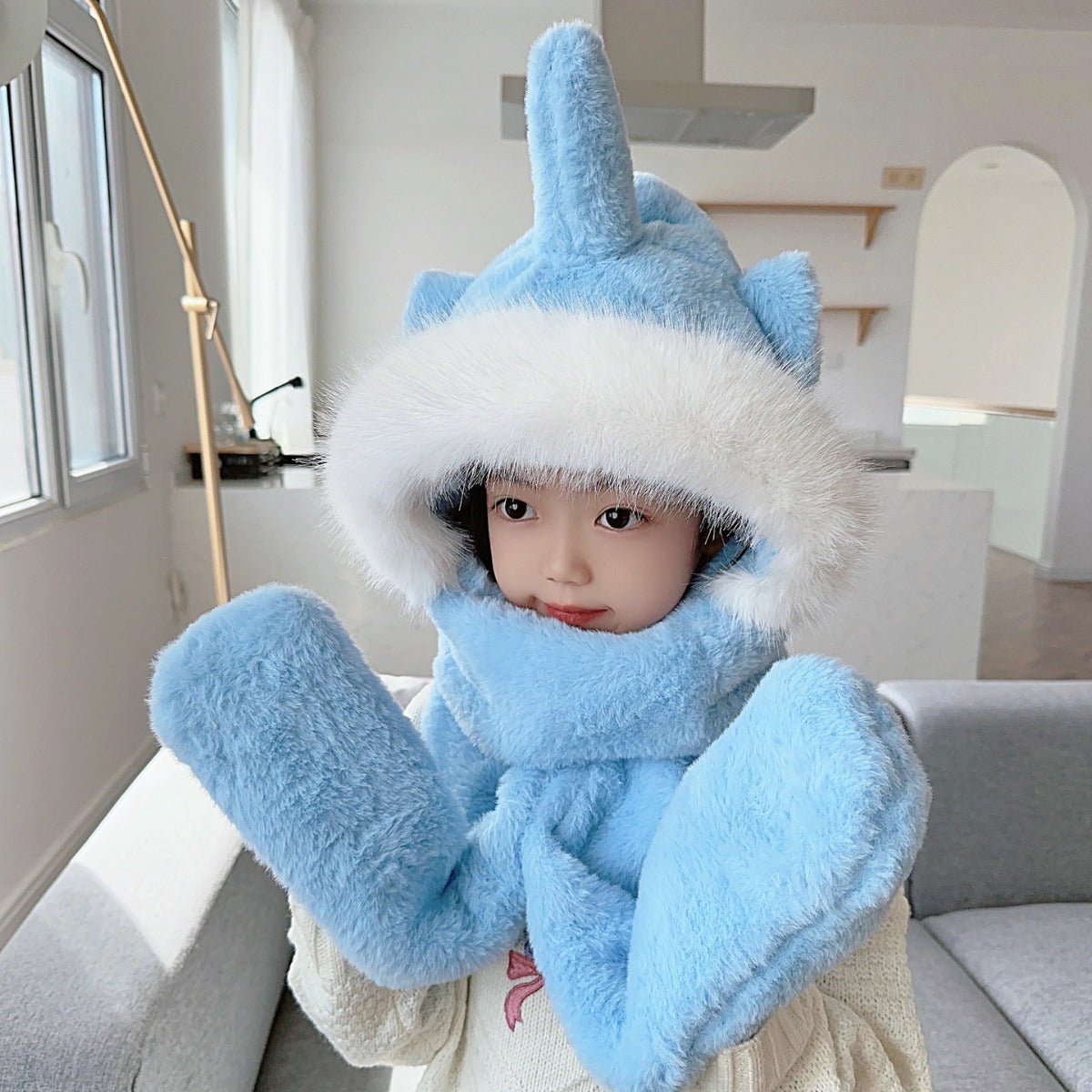 Children's Hat Scarf Gloves One-piece Hat