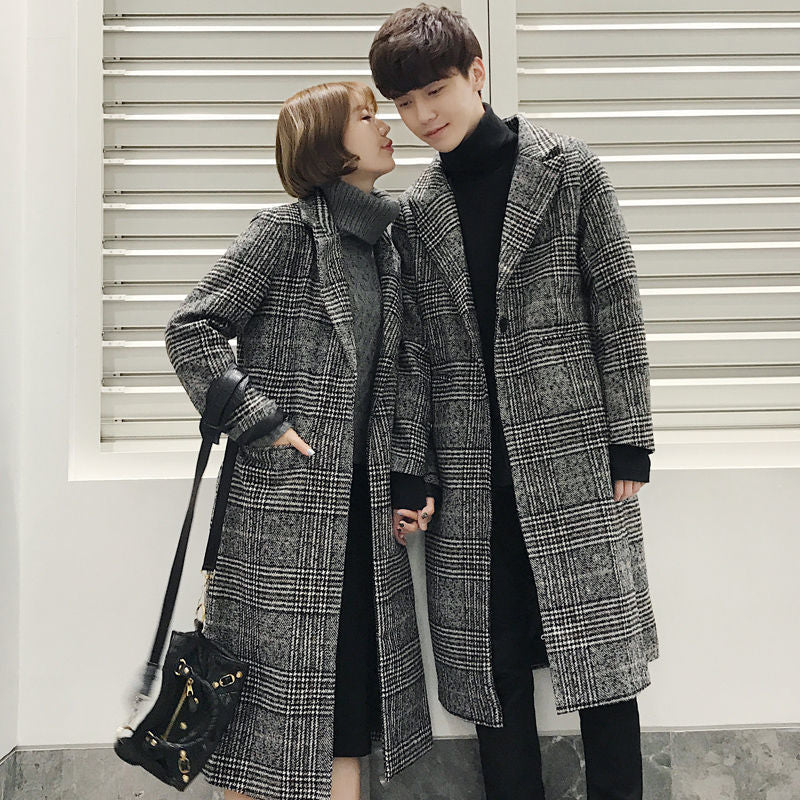 2023 New Autumn And Winter Woolen Coats For Couples, Medium And Long Houndstooth Plaid Windbreakers For Men And Women, Trendy Woolen Coats