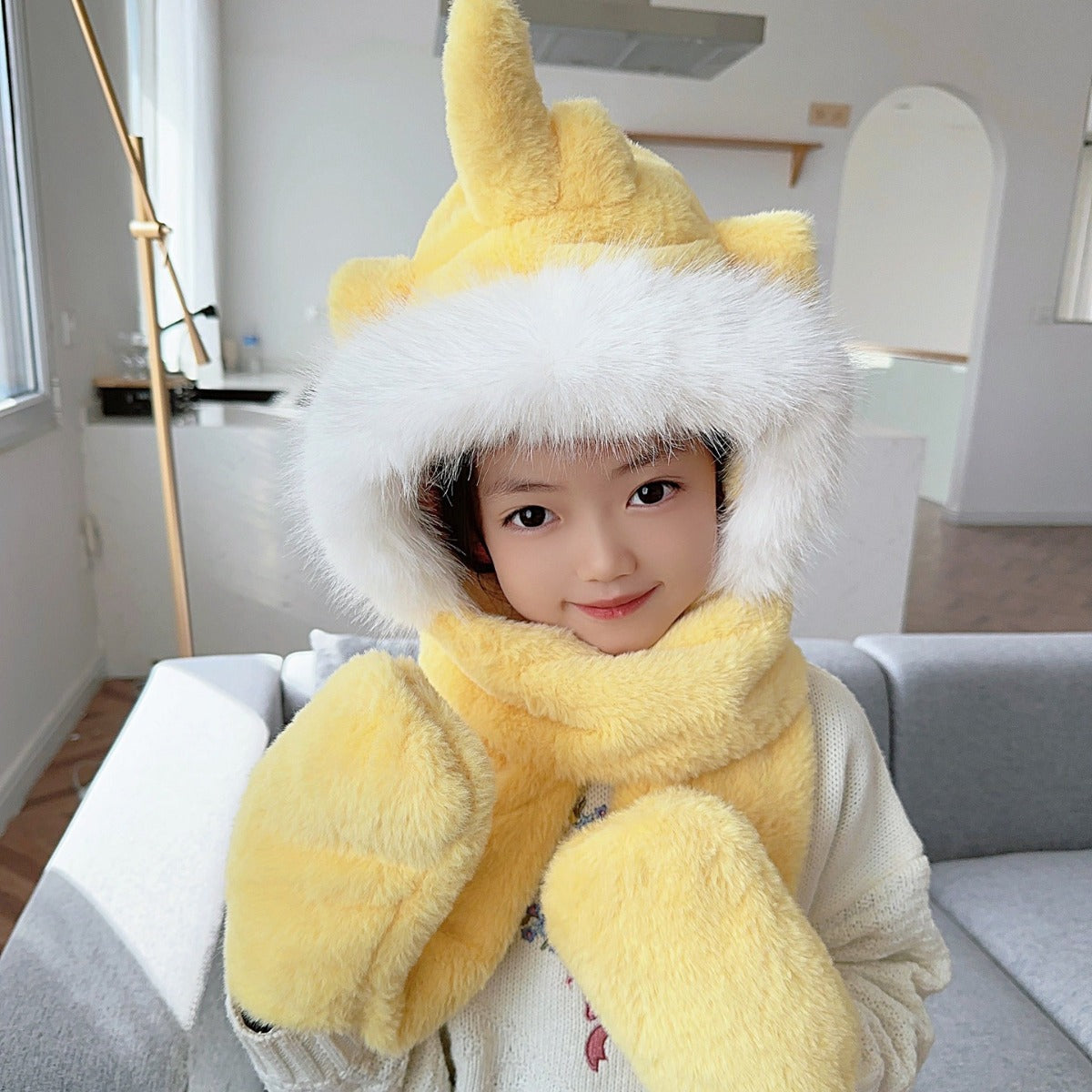 Children's Hat Scarf Gloves One-piece Hat