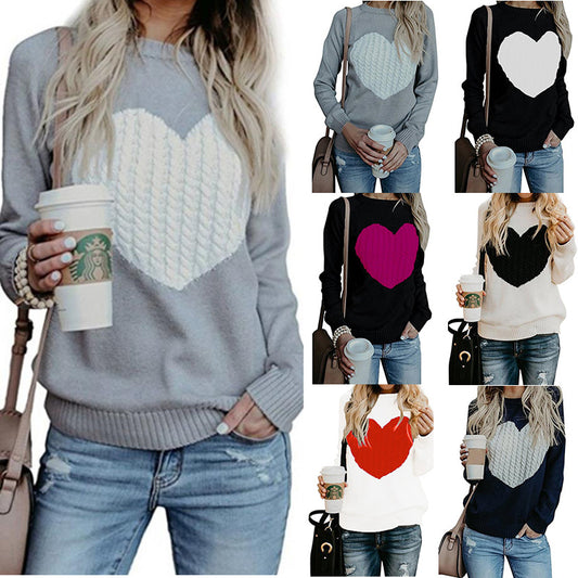 Love Printed Pullover Sweater For Women Solid Color