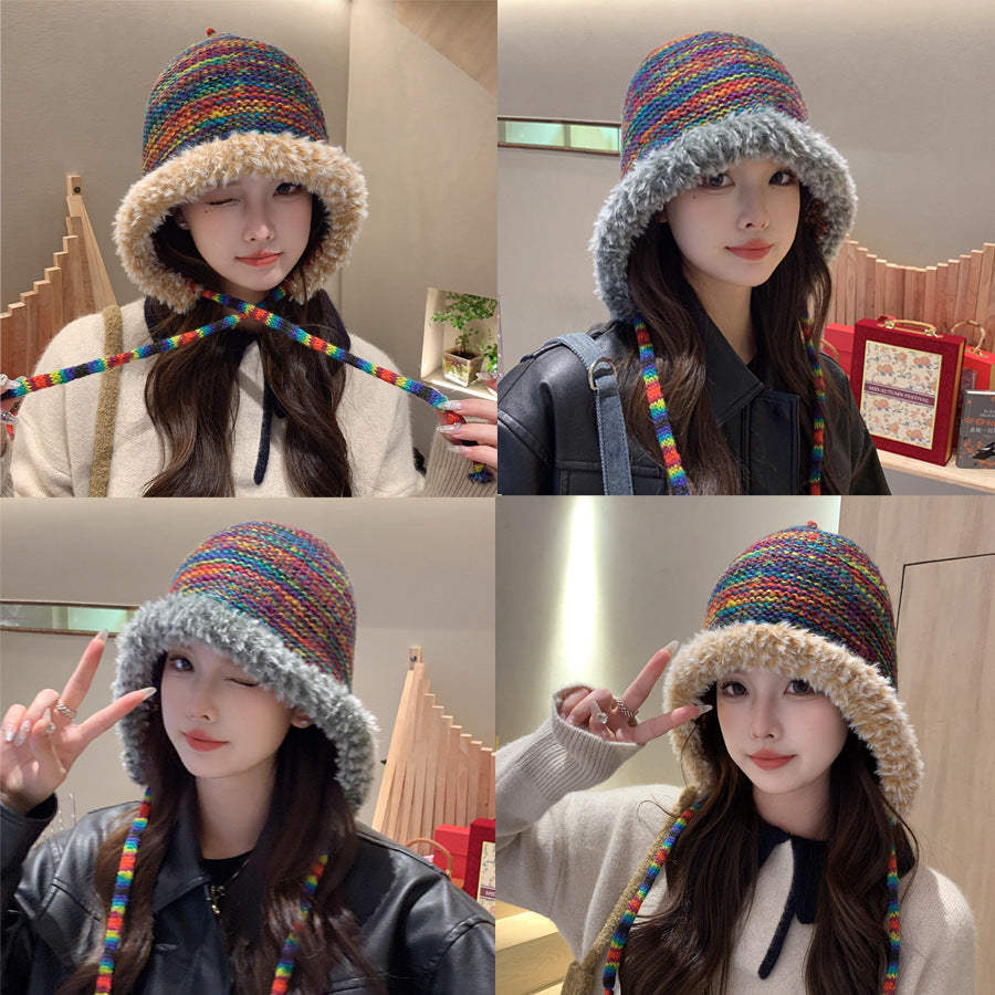 Rainbow Knitted Hat Plush Edge Strap