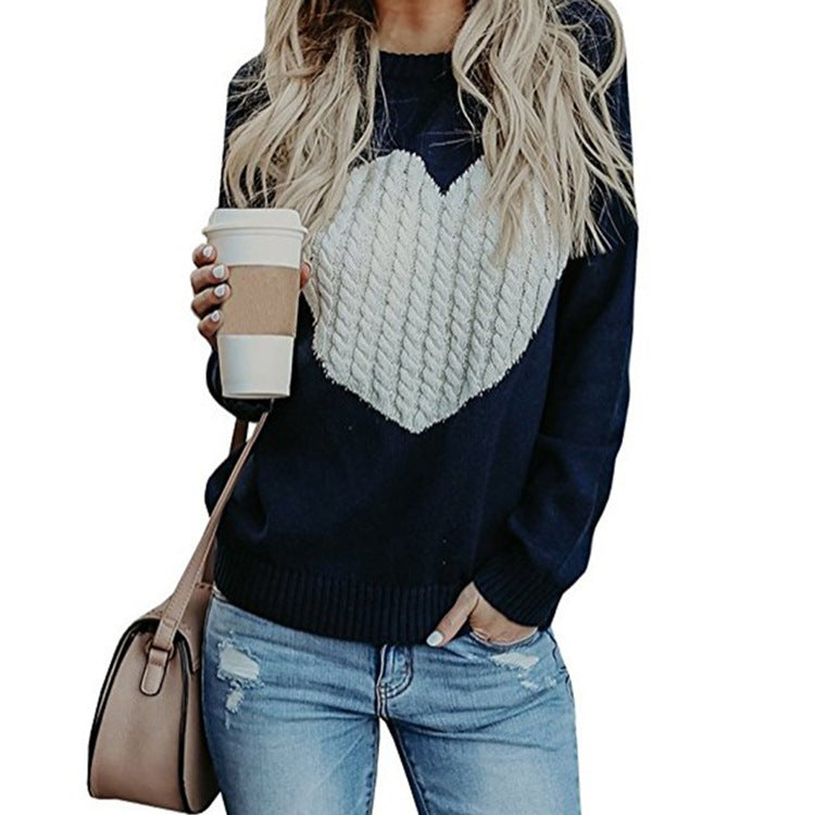 Love Printed Pullover Sweater For Women Solid Color