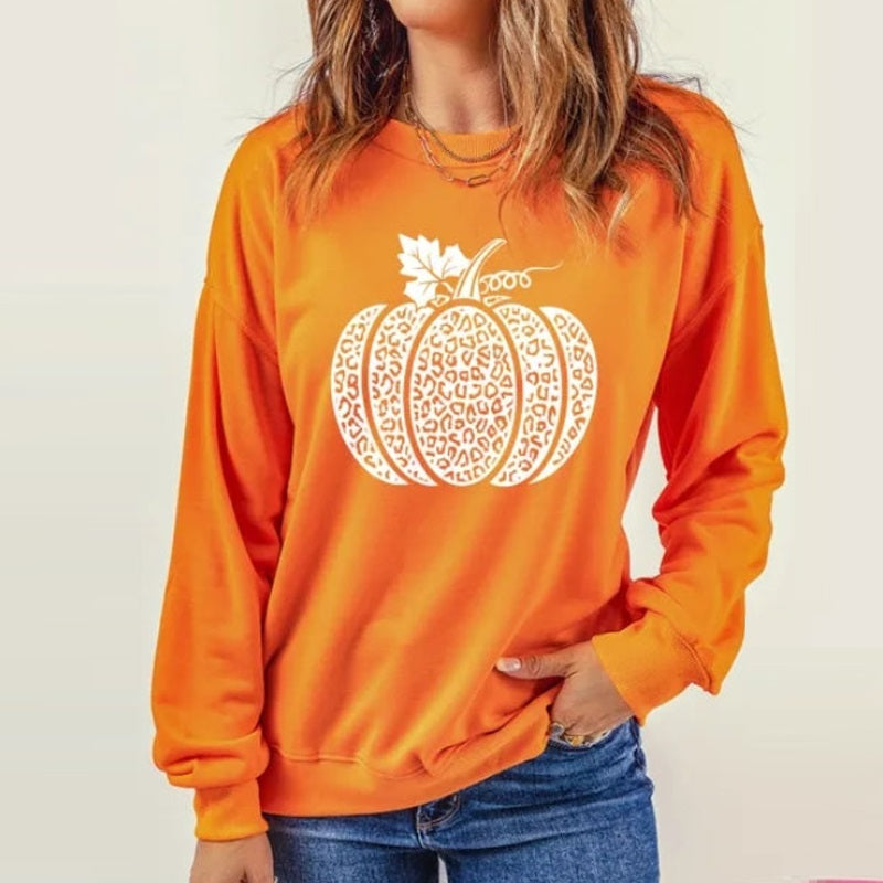 Crew Neck Off-the-shoulder Pumpkin Pattern Sweatshirt