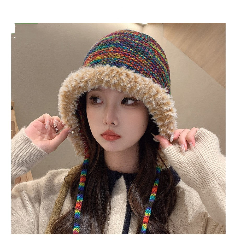 Rainbow Knitted Hat Plush Edge Strap