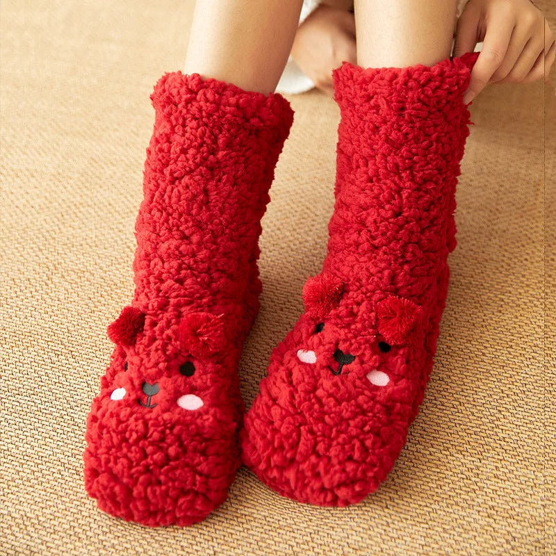 Cute Cartoon Bear Fuzzy Socks For Women, Comfortable Winter Soft Warm Slipper Socks