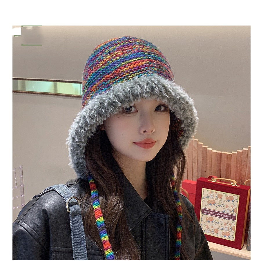 Rainbow Knitted Hat Plush Edge Strap