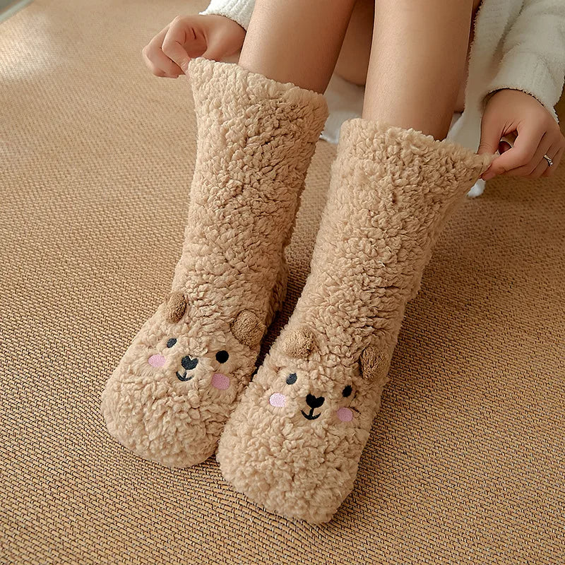 Cute Cartoon Bear Fuzzy Socks For Women, Comfortable Winter Soft Warm Slipper Socks