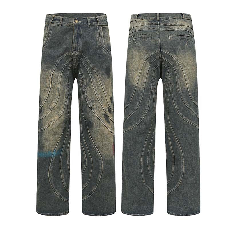 Men's Street Three-dimensional Line Cut Stitching Straight Jeans