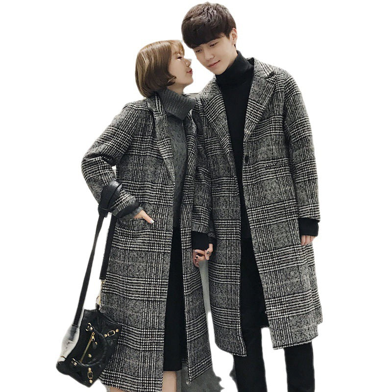 2023 New Autumn And Winter Woolen Coats For Couples, Medium And Long Houndstooth Plaid Windbreakers For Men And Women, Trendy Woolen Coats