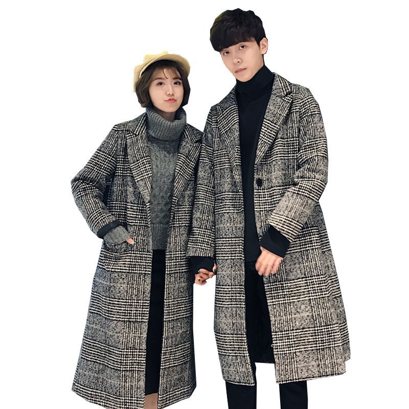 2023 New Autumn And Winter Woolen Coats For Couples, Medium And Long Houndstooth Plaid Windbreakers For Men And Women, Trendy Woolen Coats