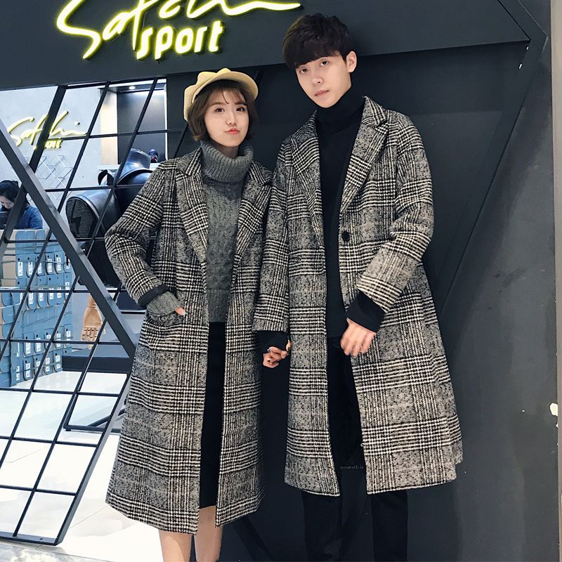 2023 New Autumn And Winter Woolen Coats For Couples, Medium And Long Houndstooth Plaid Windbreakers For Men And Women, Trendy Woolen Coats